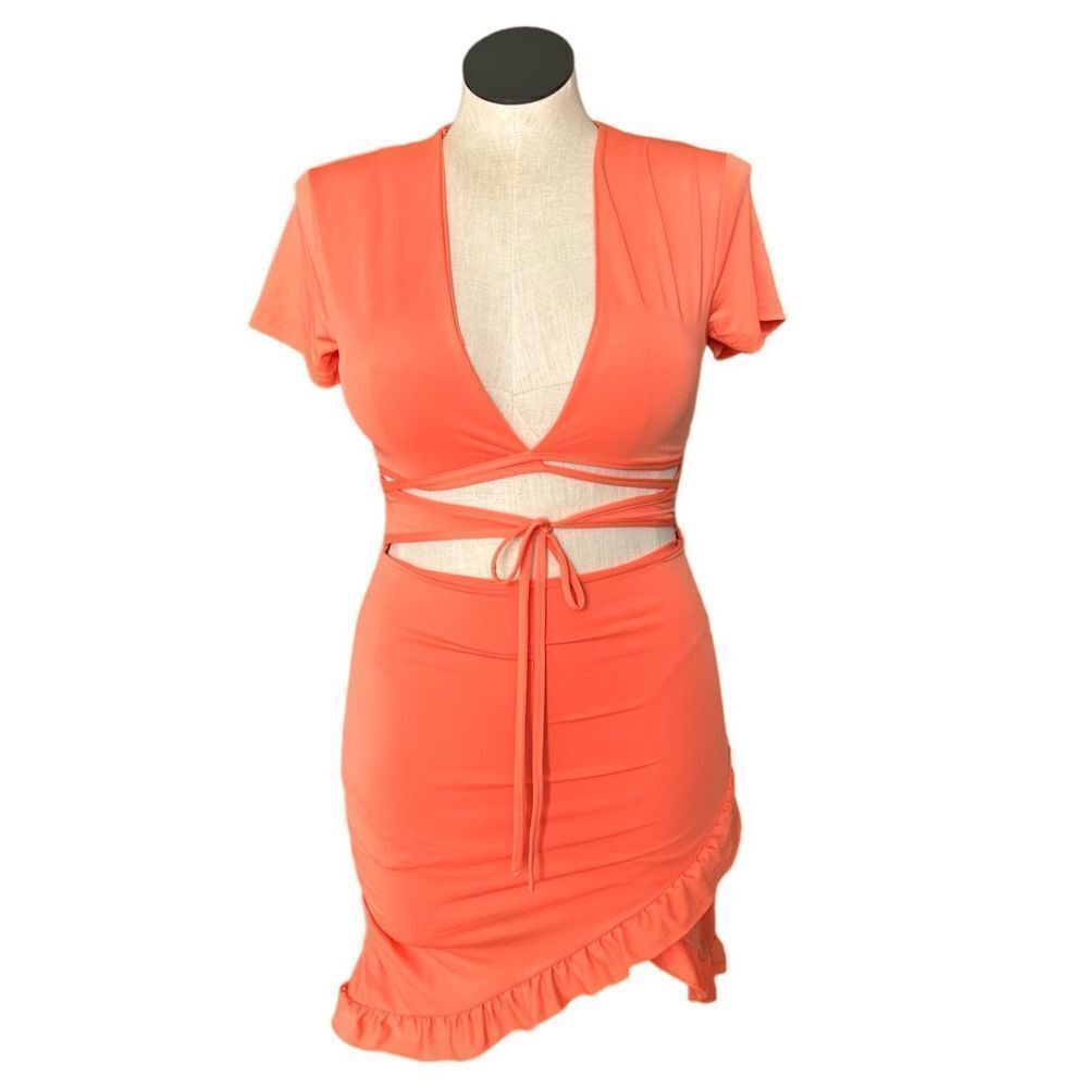 Effordram Women’s Orange Cutout Tie Front Mini‎ Wrap Dress Size Medium
